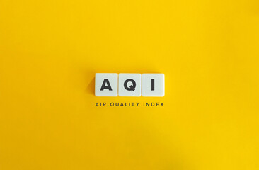 Air quality index (AQI) Banner. Letter Tiles on Yellow Background. Minimal Aesthetics.