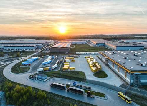 Sosnowiec, May 10, 2022, Poland, Amazon warehouses photos from the drone. Aerial photos for Amazon warehouses in Poland, Sosnowiec. Concept of online stores, Amazon sale.