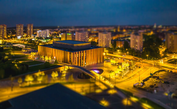 Katowice, May 8, 2022, Poland, Silesia. Polish National Radio Symphony Orchestra in Katowice, aerial view. Katowice city concept at night.
