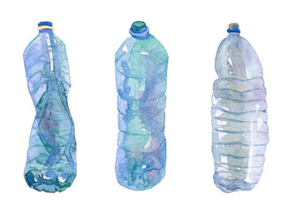 Watercolor set of  plastic bottle - human plastic waste. Нand drawn illustration isolated on white background for eco posters, print, cloth bags.