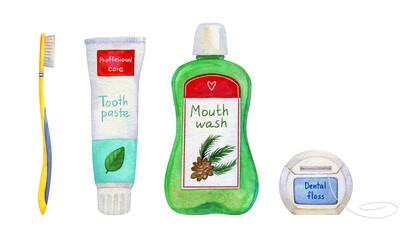 Hand drawn watercolor dental hygiene items toothbrush, toothpaste, mouthwash, dental floss. Oral healthcare elements isolated on a white background. For printing, poster, dental design.