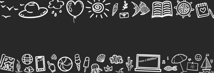 Summer web banner. Hand drawn holiday elements. Summer holidays. Freehand signs and symbols. Black and white illustration