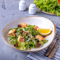 Tasty salmon salad with dried tomatoes, cheese and fresh greens.