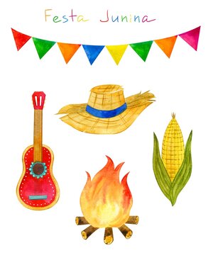 Festa Junina Brazil June Festival. Hand drawn  watercolor illustration of Guitar Campfire Flag cowboy hat Corn isolated on white background for poster, stickers, prints, fabric, greeting invitation.