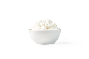 Stracciatella cheese isolated on white. Italian Stretched curd cheese product Stracciatella in bowl.