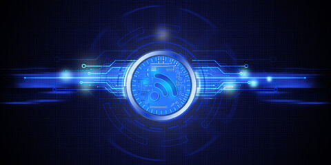 RSS Symbol is Reflecting Over Futuristic HUD with Electronic Circuit
