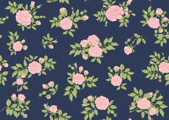 Fototapeta premium Roses flowers on branches. Millefleurs trendy floral design. Seamless pattern, background. Vector illustration. On blue denim background