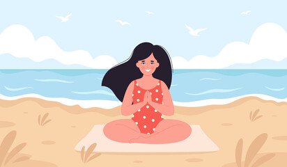 Obraz na płótnie Canvas Woman meditating on beach. Hello summer, summer leisure, vacation. Healthy lifestyle, self care, yoga, meditation. Hand drawn vector illustration