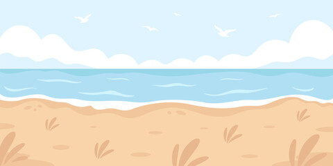 Fototapeta na wymiar Sandy beach landscape. Hello summer, summer vacation. Ocean shore. Hand drawn vector illustration