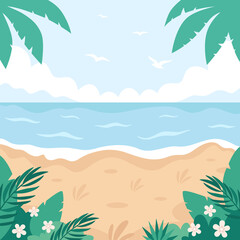 Fototapeta na wymiar Tropical beach landscape. Hello summer, summer vacation. Ocean shore. Hand drawn vector illustration