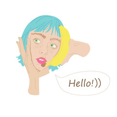 Vector image of a girl with a banana at her ear says hello
