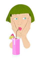 Vector image, a girl with a strawberry cocktail.