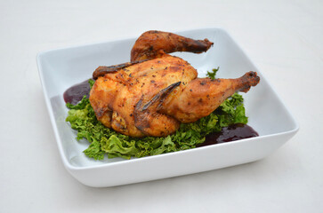 A Mini Meal of Whole Roasted Thanksgiving Cornish Hen Chicken above a Bed of Toasted Kale Chips and Cranberry Sauce