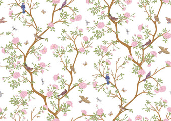 Camellia blossom tree With sparrow, finches, butterflies, dragonflies. Seamless pattern, background. Vector illustration. In botanical style