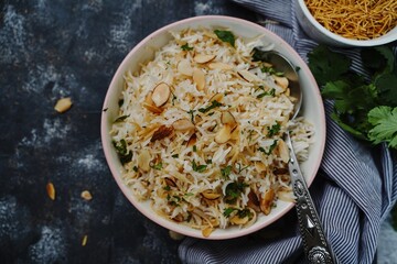 Lebanese Vermicelli Rice topped with toasted nuts - obrazy, fototapety, plakaty