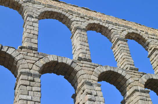 Close-up image of the Geometric Pattern of the Roman Aqueduct of Segovia in the Spanish Plaza De Artilleria.