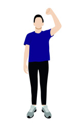 Fototapeta premium Portrait of a guy in full growth, one hand raised up, flat vector on a white background, faceless illustration