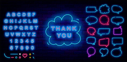 Thank you neon sign with speech cloud. Bubbles frames collection. Gratitude advertising. Vector stock illustration