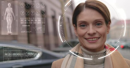 Beautiful middle aged woman with scanner frame on her face smiling sincerely on camera outdoors. Digital biometric grid and holograms on background. - Powered by Adobe