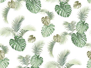 Seamless pattern with tropical palm leaves in realistic style. Exotic plants. Vector botanical illustration. Foliage background for wallpaper, textile, wrapping paper and greeting card.