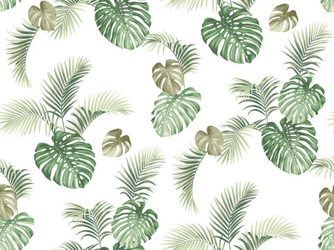 Seamless pattern with tropical palm leaves in realistic style. Exotic plants. Vector botanical illustration. Foliage background for wallpaper, textile, wrapping paper and greeting card. © Anna Sm