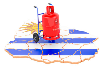 Uruguayan map with propane gas cylinder on hand truck. Gas Delivery Service in Uruguay, concept. 3D rendering