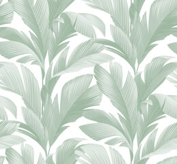 Vintage seamless pattern with tropical leaves in realistic style. Exotic plants. Vector botanical illustration. Foliage background for wallpaper, textile, wrapping paper and greeting card.