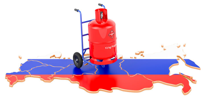 Russian Map With Propane Gas Cylinder On Hand Truck. Gas Delivery Service In Russia, Concept. 3D Rendering