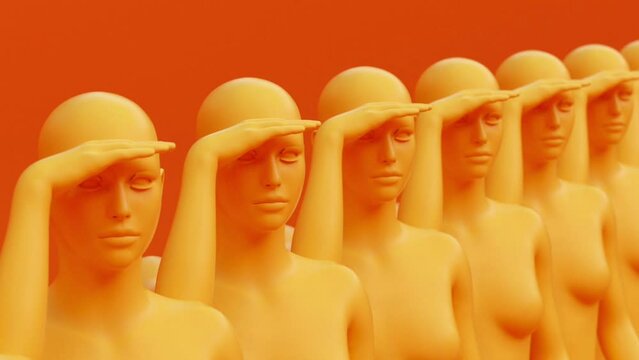 Modern minimal trendy surreal 3d render illustration, posing attractive mannequin model, human young character statue, stare at horizon gesture, watching ahead woman, row orange clones