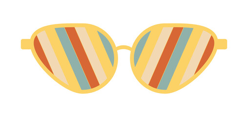 Psychedelic sunglasses in the style of the 1970. Retro groovy graphic elements of glasses with rainbow, lines and waves.