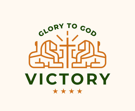 Christian lion cross logo. Lion of Judah religious emblem. Church crucifix line icon. Glory to god victory sign. Vector illustration.