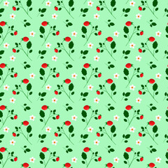 Seamless pattern with garden strawberries and flowers. Vector illustration on a colored background. For design, prints, fabrics and packaging, products for children, stationery and scrapbooking.