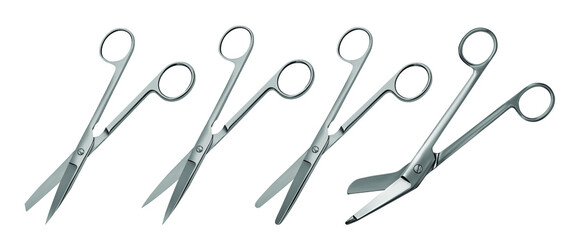 Set of surgical articulated scissors with various blade shapes and different purposes. Vector illustration