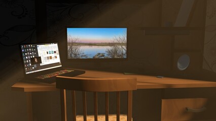 a room with a computer on a table in the light at dawn 3d-rendering