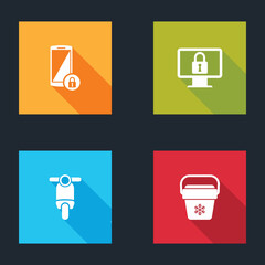 Set Smartphone with lock, Lock monitor, Scooter and Cooler bag icon. Vector