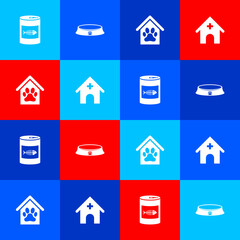 Set Canned food for cat, Pet bowl, Dog house and paw print pet and Veterinary medicine hospital icon. Vector