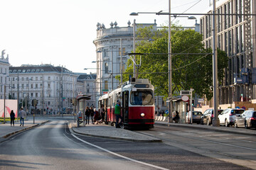 Red tram on the street of Vienna