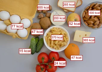 Foto op Plexiglas different food, vegetables and fruits with calorie indication © tanya78