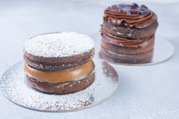 Variety of cakes, chocolate, vanilla flavors on gray background
