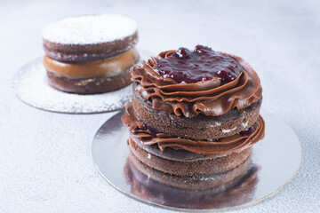 Variety of cakes, chocolate, vanilla flavors on gray background