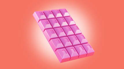 Pink chocolate bar in the air on a pastel pink background. Realistic strawberry chocolate, 3d rendering.