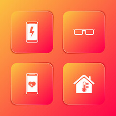 Set Mobile charging battery, Glasses, with heart rate and House temperature icon. Vector