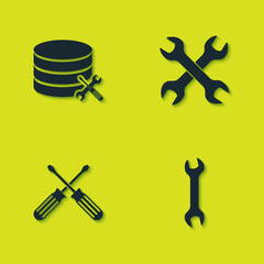 Set Database server service, Wrench, Crossed screwdrivers and wrenchs icon. Vector
