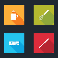 Set Coffee cup, Kitchen whisk, Sponge with bubbles and Knife icon. Vector