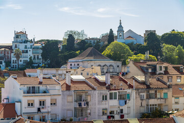 Cityscape with view of historic and traditional architecture of Lisbon city center, Portugal.