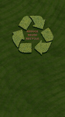Reduce, reuse, recycle symbol on green grass background. environmental conservation concept, standing layout. 3D rendering