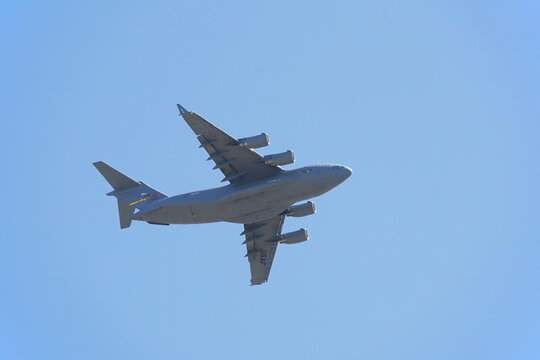 Lake Elsinore, CA - May 11, 2022: United States Air Force Boeing C-17A Globemaster III transport aircraft .