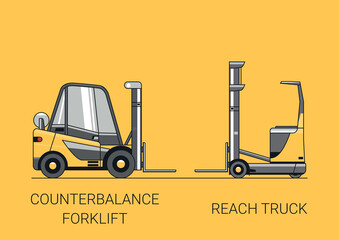 Line vector design of modern reach truck and counterbalance forklift.