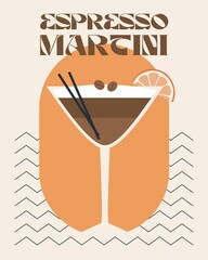 Espresso martini. Retro posters with alcohol cocktails. 90s 80s 70s groovy posters. Modern trendy print. Drink with fruit and ice. Flat cocktails with decorative elements. Vector illustration