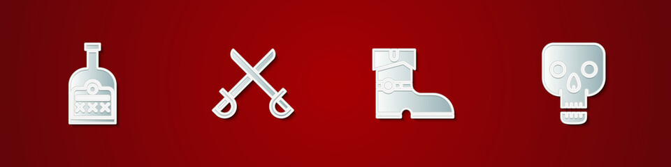 Set Alcohol drink Rum bottle, Crossed pirate swords, Leather boots and Skull icon. Vector